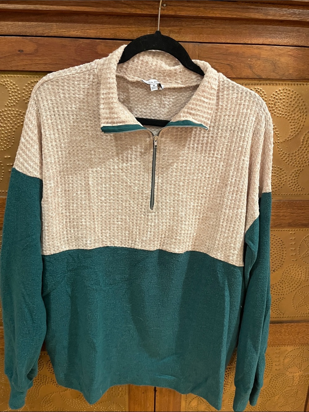 white birch Two-Tone Half-Zip Sweater in Beige and Teal